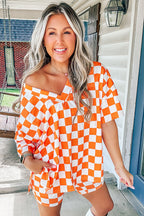 Checkerboard Print V Neck Loose Tee and Shorts Lounge Set