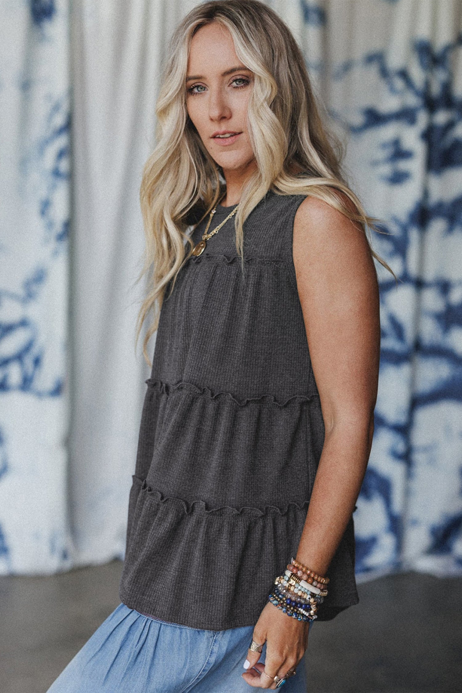 White Tiered Frill Trim A-line Tank Top