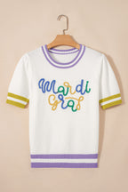 White Mardi Gras Tinsel Letter Graphic Short Sleeve Sweater