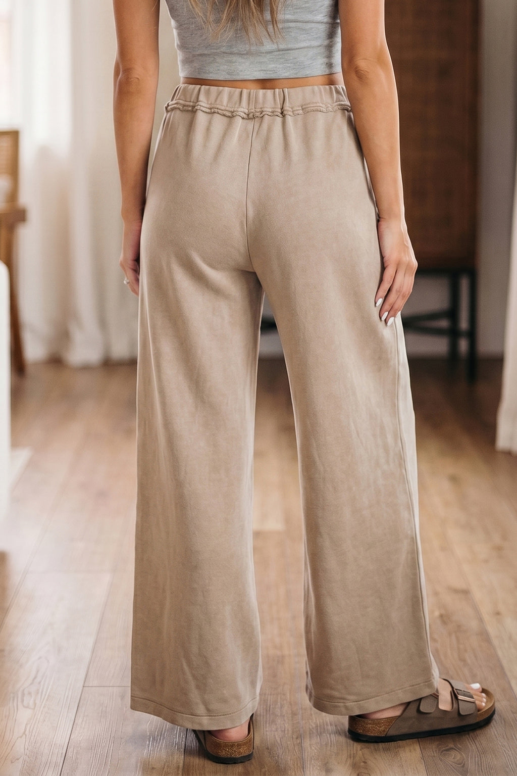 Smoke Grey Mineral Wash Drawstring Retro High Waist Wide Leg Western Pants