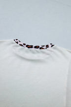 White Ribbed Leopard Patchwork Uneven Hem T Shirt