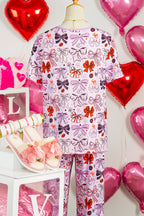 Pink Diverse Bows Buttons Printed Contrast Trim Short Sleeve Shirt Pajama Pant Set