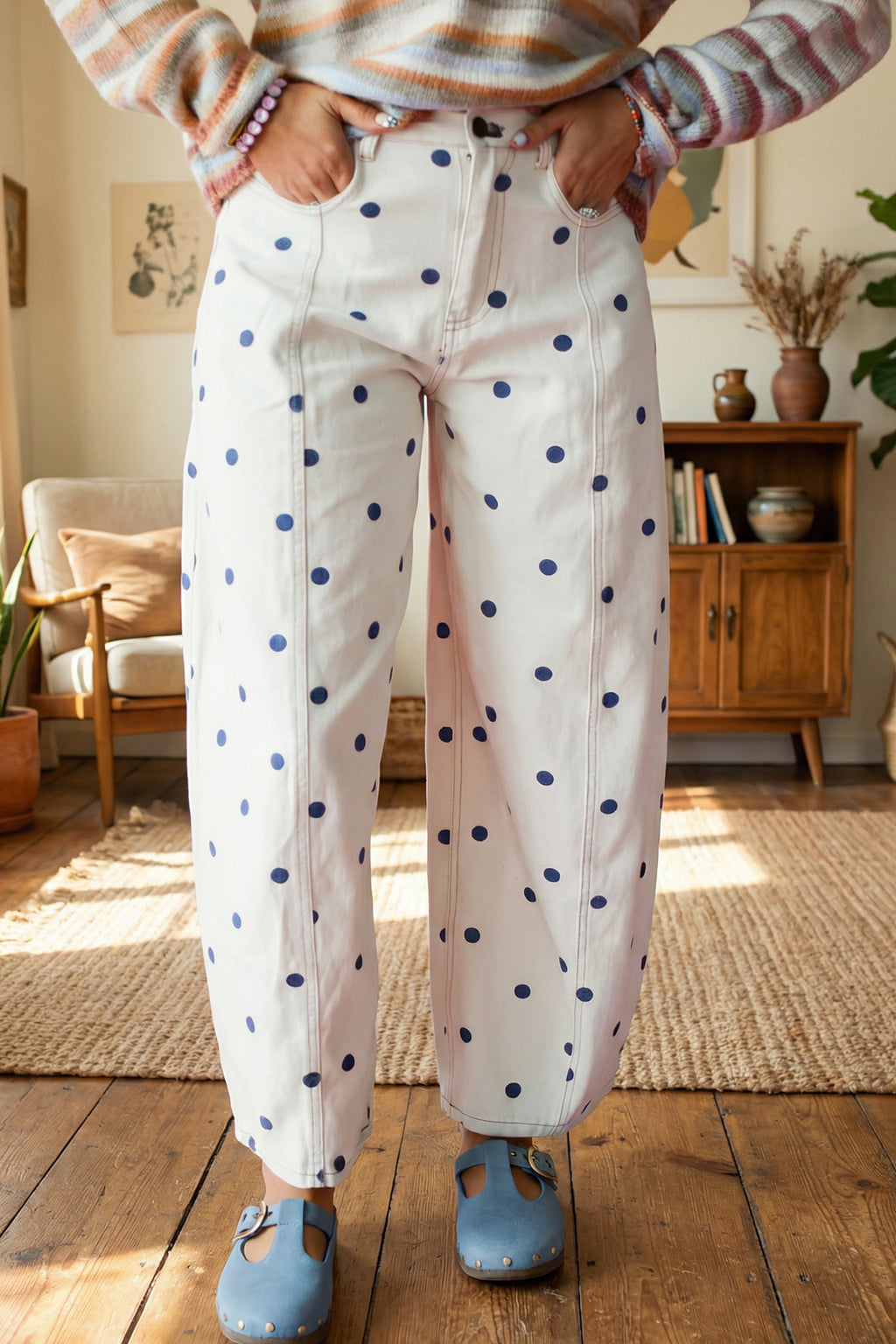 Blue Polka Dot Regular Fit Ankle Length Casual Jeans