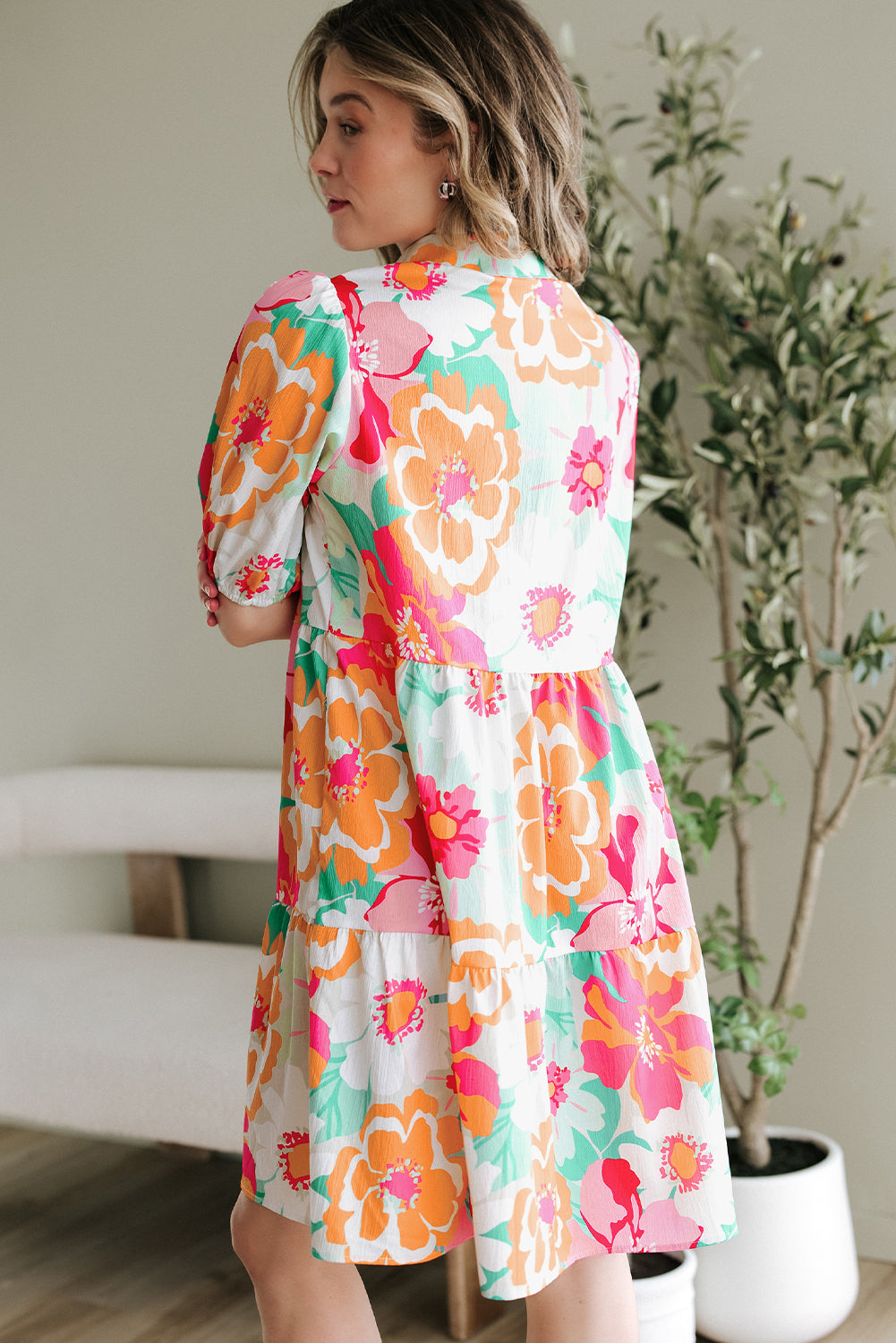 Floral Puff Sleeve Collar Buttoned Babydoll Dress