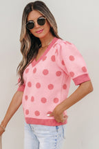 Polka Dot Puff Short Sleeve Sweater Top