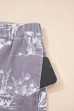 Grey Western Print Elastic Waist Cotton Denim Shorts