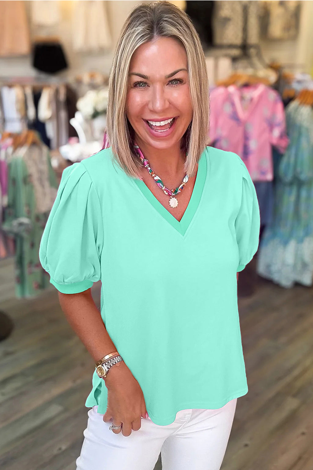 Solid Colour V Neck Short Puff Sleeve Blouse