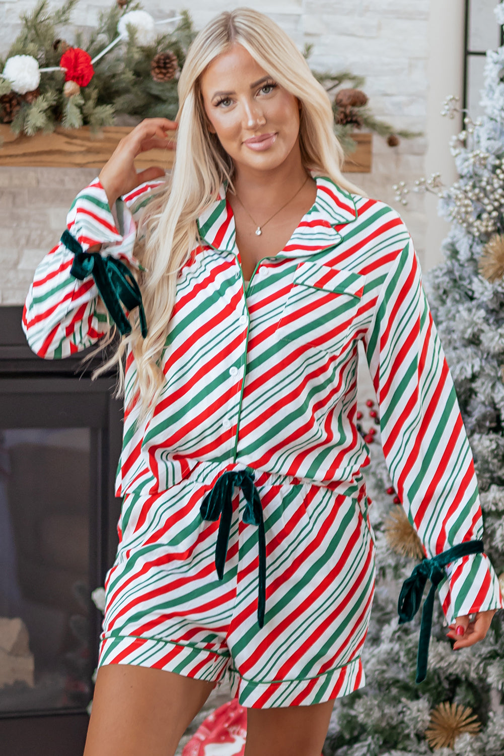 Green Stripe Contrast Velvet Ribbon Knot Christmas 2pcs Pyjama Set