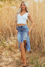 Myosotis Irregular Distressed Bottom Denim Midi Skirt