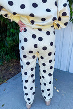 Beige Polka Dot Print Drop Shoulder Pullover Drawstring Jogger Pant Set