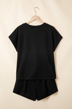 Contrast Leopard Bow Patched V Neck Loose Tee Drawstring Shorts 2pcs Outfit