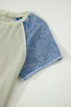 Waffle Knit Seam Detail Color Block Patchwork Short Sleeve Top