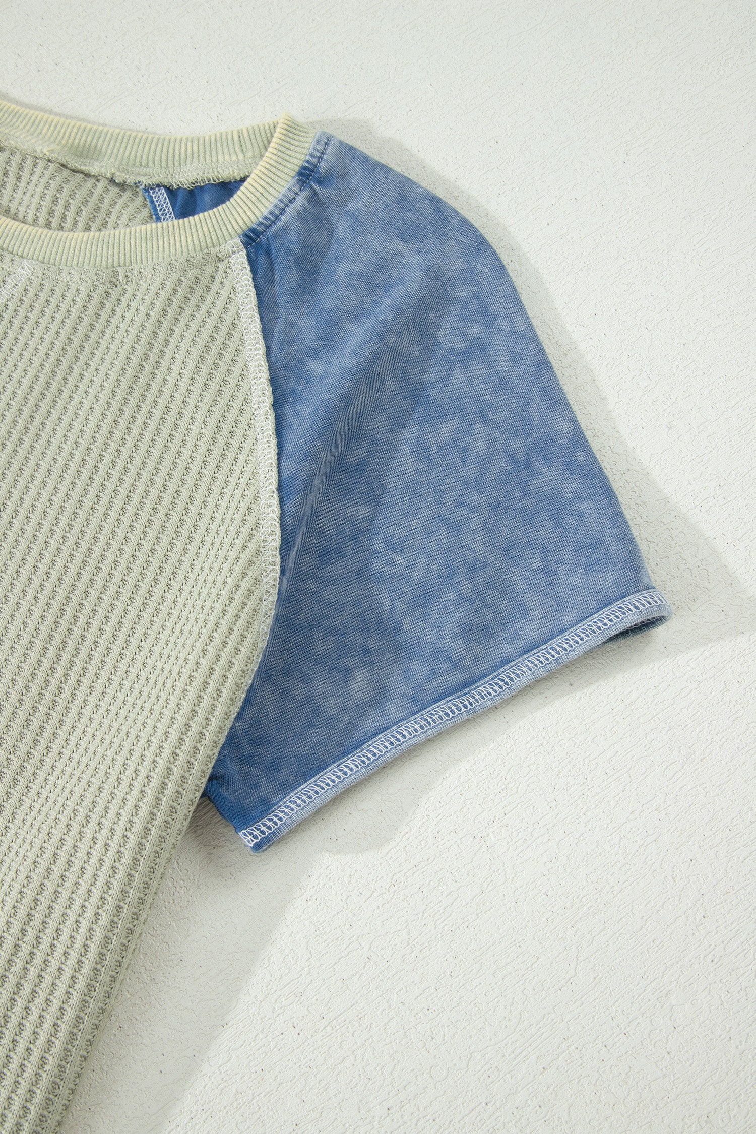 Waffle Knit Seam Detail Color Block Patchwork Short Sleeve Top
