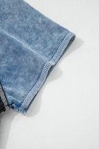 Waffle Knit Seam Detail Color Block Patchwork Short Sleeve Top