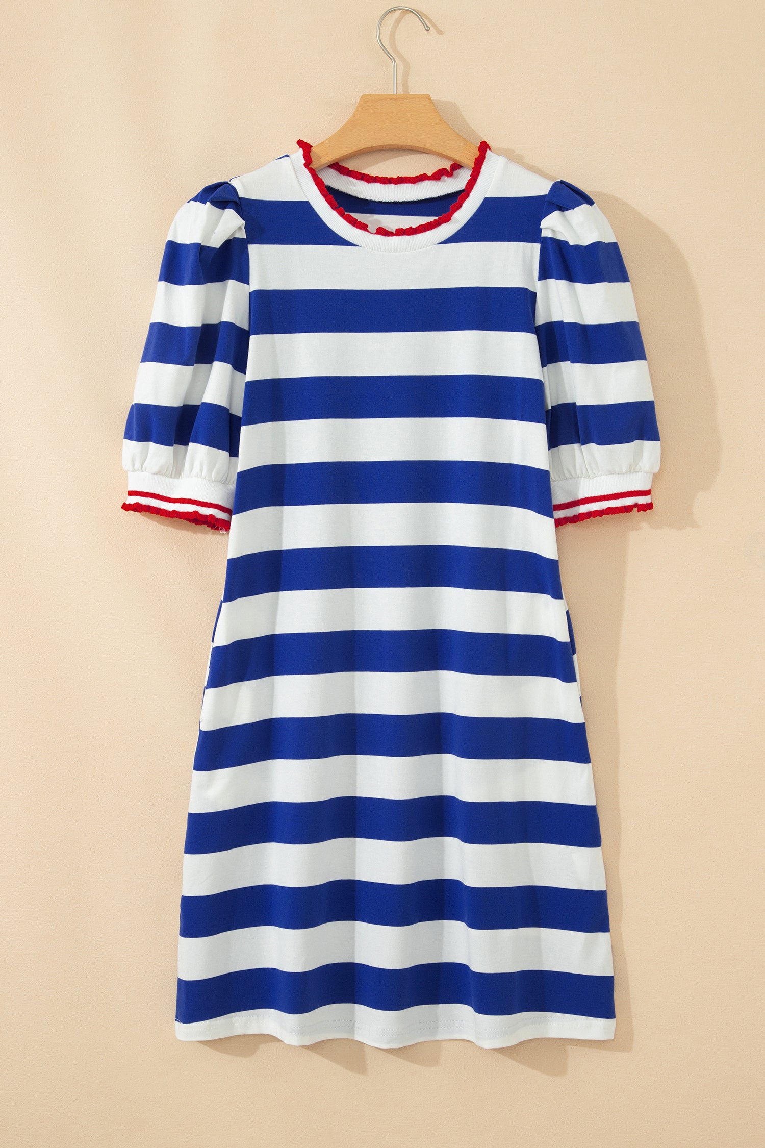 Striped Contrast Trim Round Neck Short Puff Sleeve Shift Mini Dress
