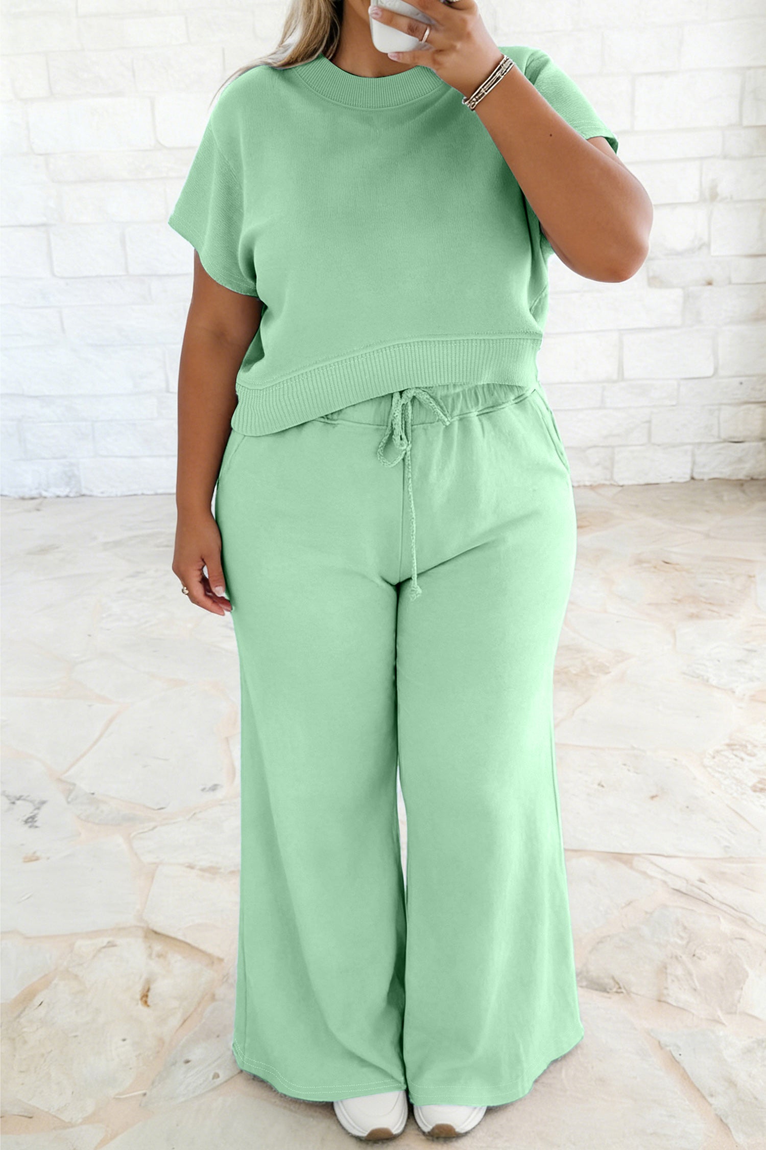 Solid Colour Ribbed Trim Short Sleeve Top Drawstring Loose Pants 2pcs Outfit