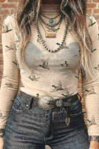 Beige High Neck Western Print Mesh Sheer Long Sleeve Pullover