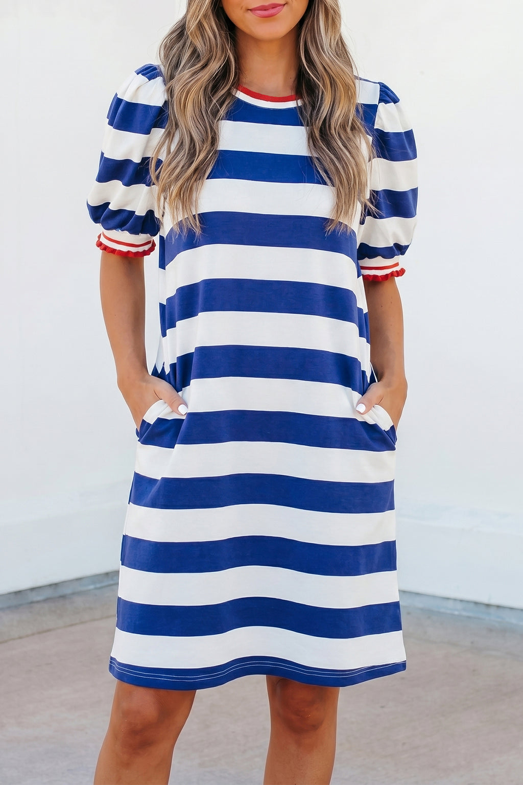 Striped Contrast Trim Round Neck Short Puff Sleeve Shift Mini Dress