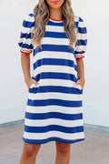 Striped Contrast Trim Round Neck Short Puff Sleeve Shift Mini Dress
