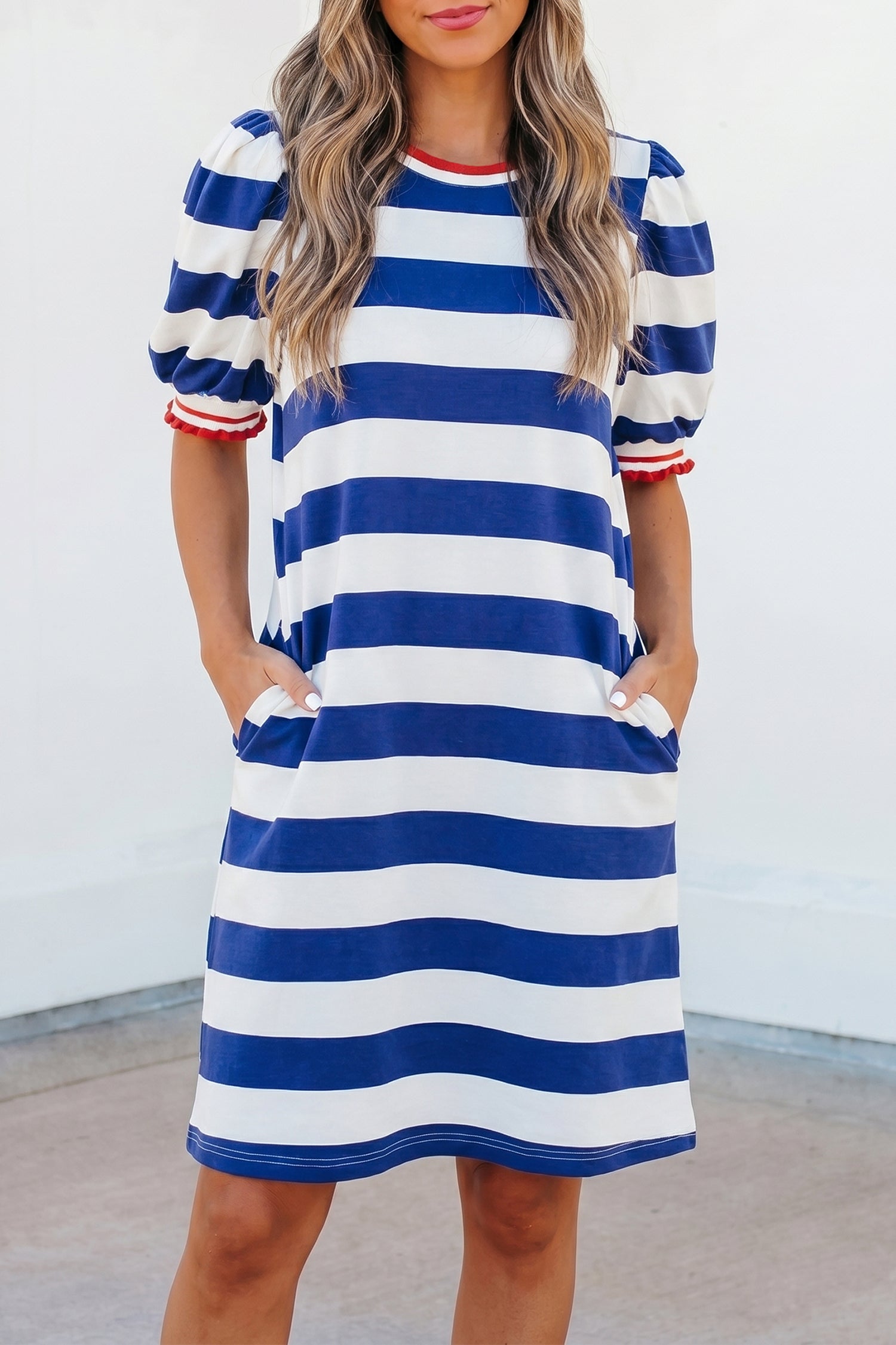 Striped Contrast Trim Round Neck Short Puff Sleeve Shift Mini Dress