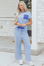 Striped Crew Neck Tee Drawstring Waist Cropped Pants Set