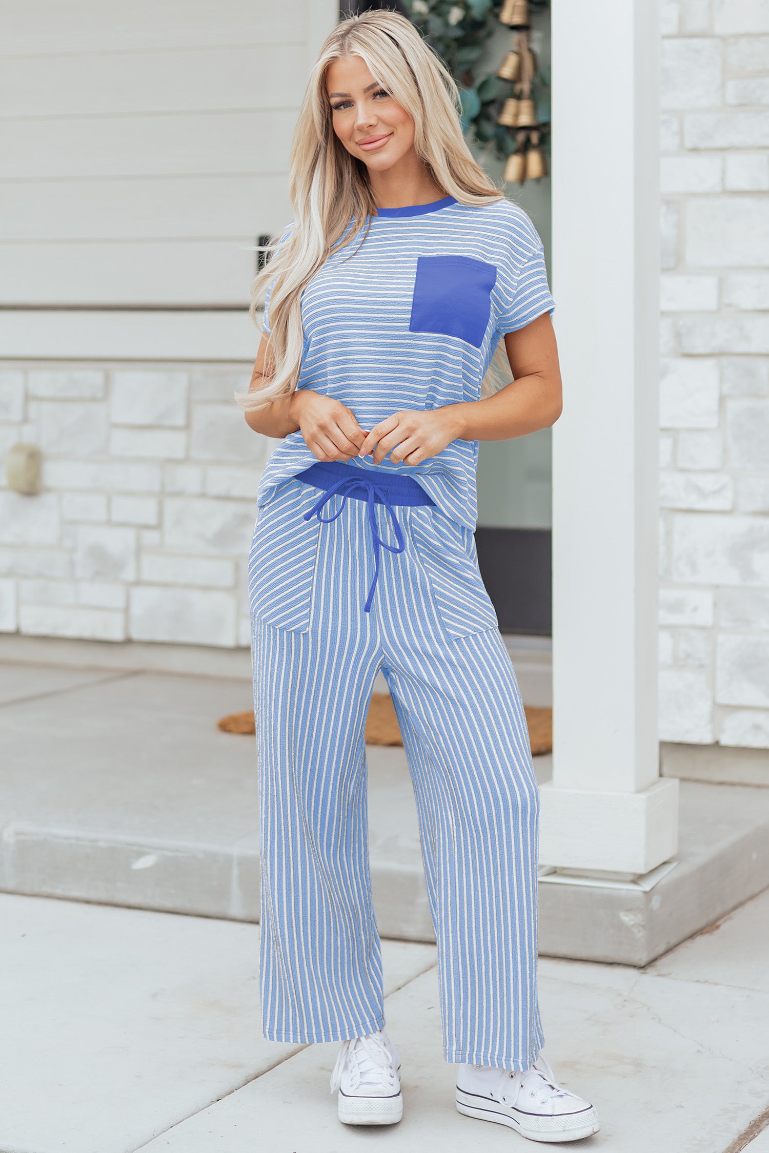 Striped Crew Neck Tee Drawstring Waist Cropped Pants Set