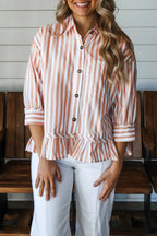 Khaki Stripe Striped Shirt Collar Bracelet Sleeve Hem Paneling Casual Shift Top