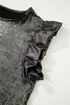 Silvery Metallic Round Neck Ruffle Trim Sleeveless Top