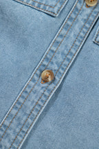 Myosotis Ruffle Detail Short Puff Sleeve Button Down Flap Pocket Denim Shirt