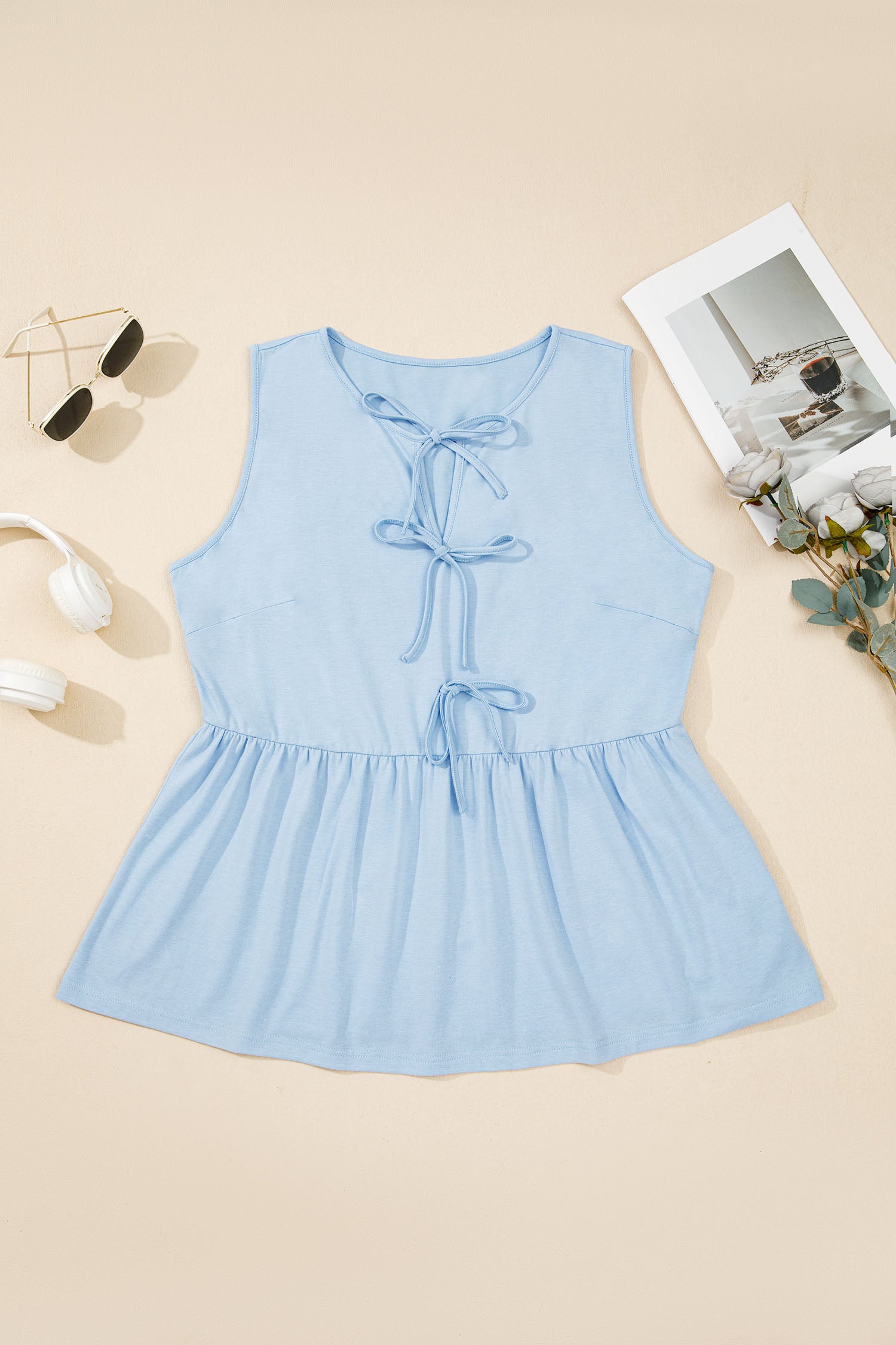 Plus Size Solid Color Bow Tie Peplum Tank Top