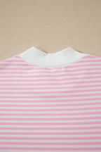 Pink Stripe Cuffed Short Sleeve Contrast Mock Neck Tee Dress