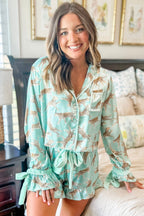 Green Leopard Satin Ruffle Pyjama Short Set