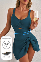 Adjustable Straps Cutout Ruched Knot Slit One Piece Swim Dress