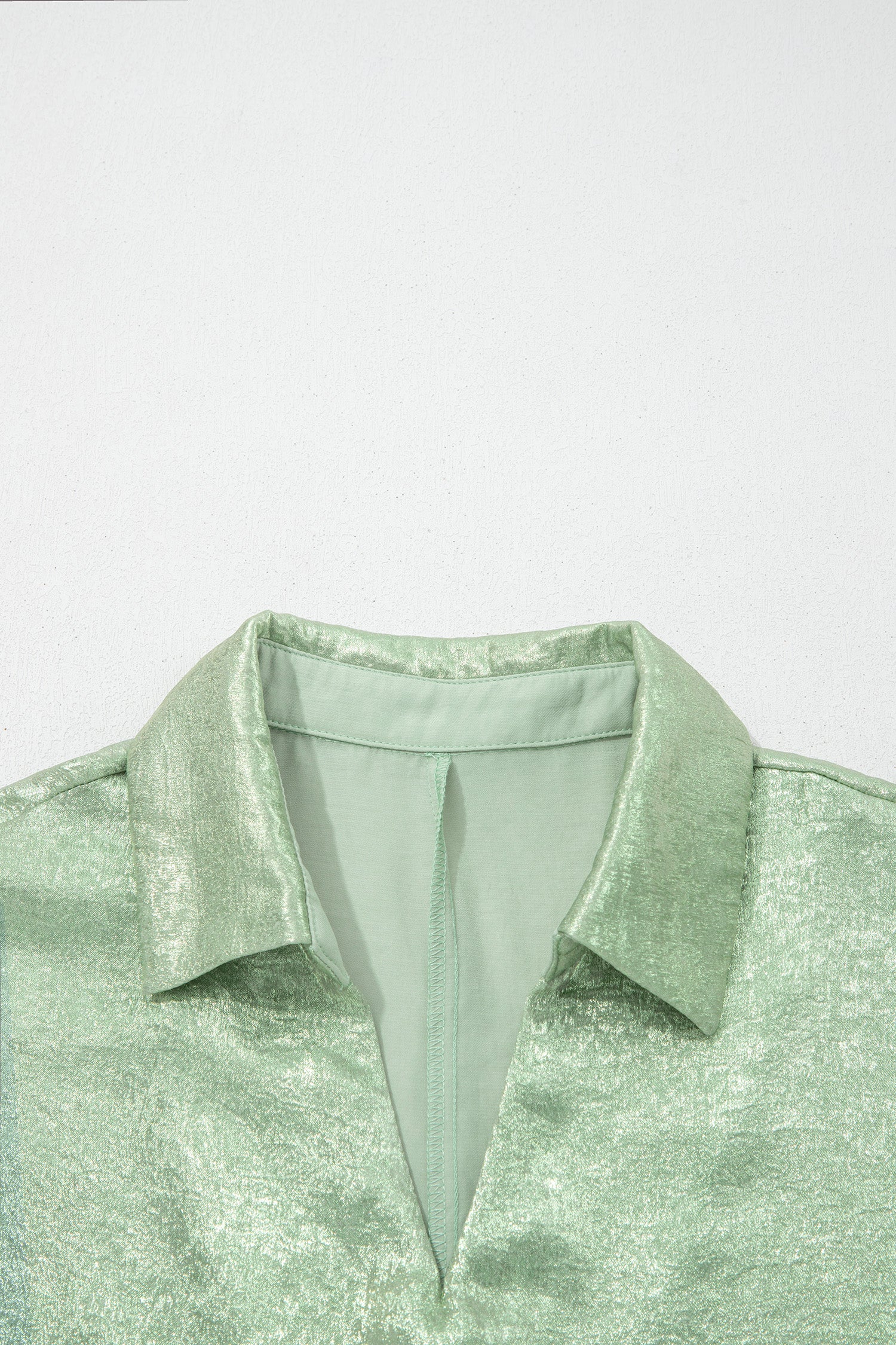 Collared V Neck Half Sleeve Metallic Top