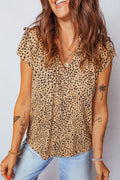Apricot Cheeath Print Frilled V Neck Shirred Detail Short Sleeve Blouse
