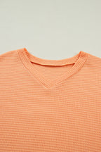 Grapefruit Orange Waffle V Neck Short Sleeve Knit Top