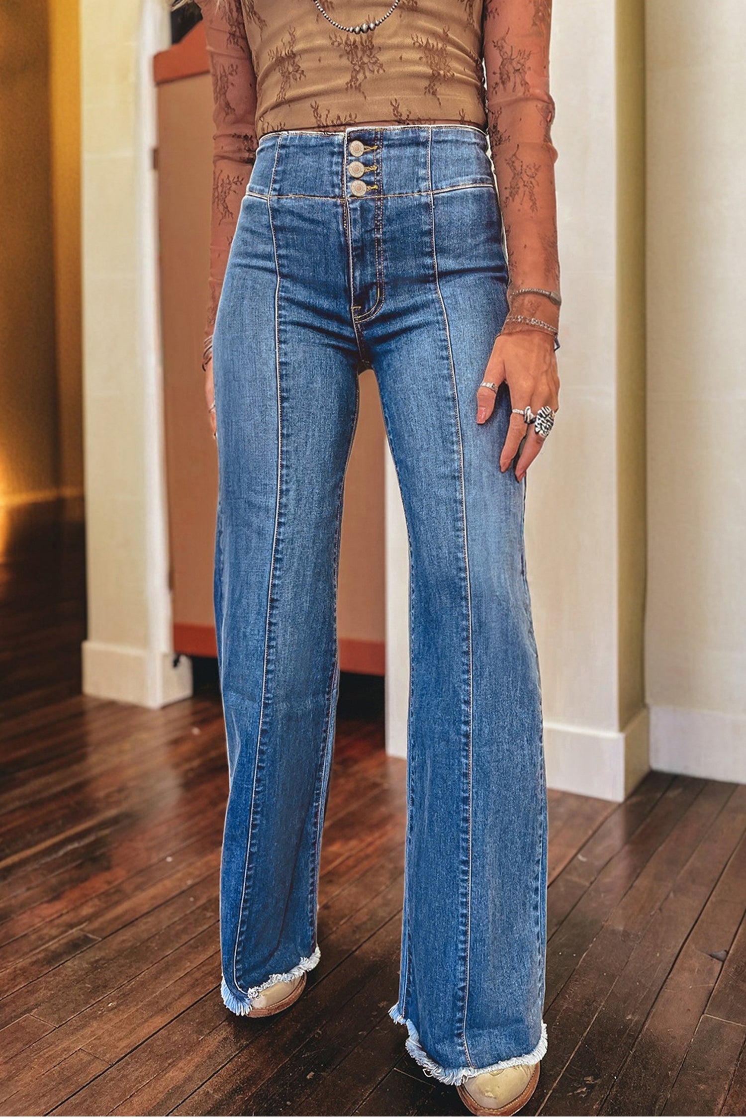 High Waist Button Fly Seamed Raw Hem Flare Jeans
