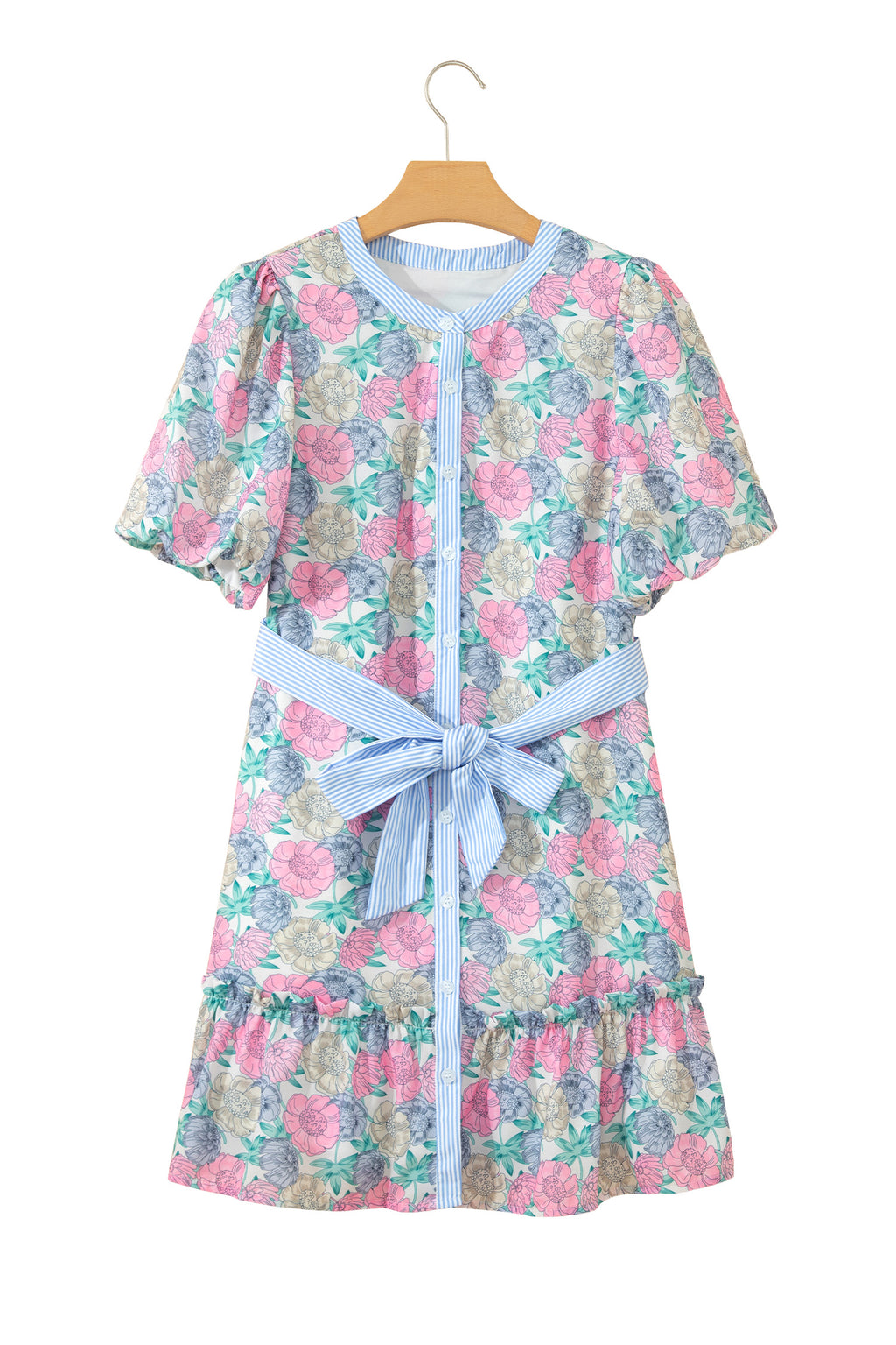 White Floral Print Striped Contrast Trim Belted Short Dress