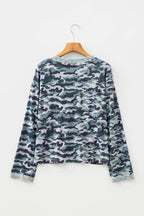 Green Camouflage Print Lace Patchwork Detail Button Long Sleeve Top