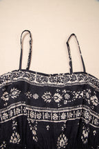 Black Spaghetti Straps Elastic Waist Loose Ethnic Print Jumpsuit