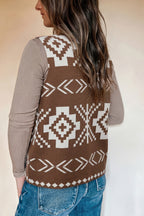 Brown Southwestern Aztec Button Square Neck Sweater Vest