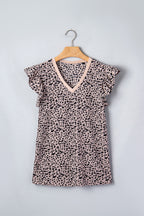 Black Cheetah Print V Neck Ruffle Trim Loose Tank Top