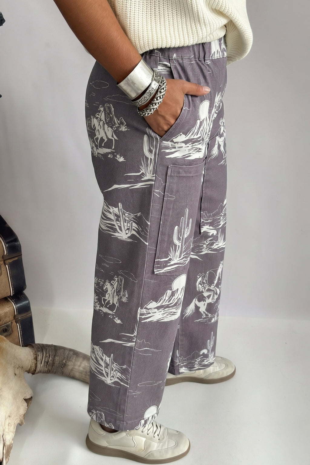 Grey Wild West Riding Vintage Printed Shift Jeans