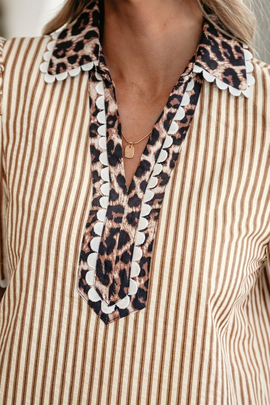 Stripe Ricrac Trim Short Puff Sleeve Leopard Patchwork Collar V Neck Blouse