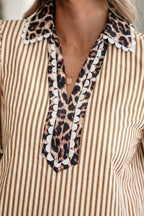 Stripe Ricrac Trim Short Puff Sleeve Leopard Patchwork Collar V Neck Blouse