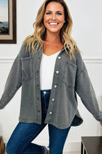 Medium Grey Mineral Wash Chest Pockets Drop Shoulder Shacket with Side Slit