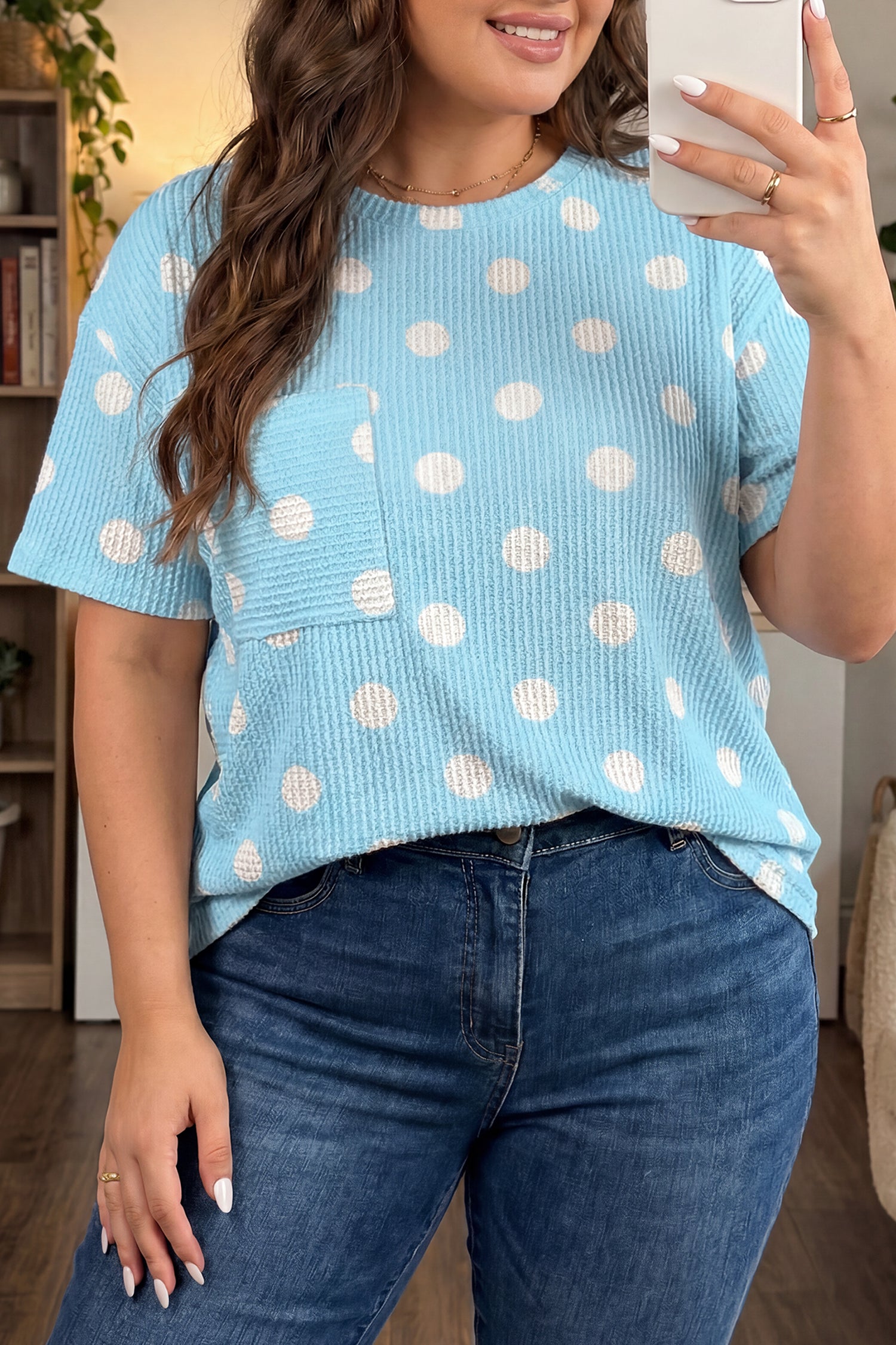 Twisted Rib Polka Dot Print Plus Size T Shirt