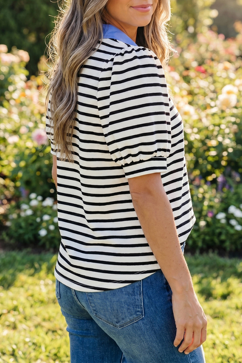 Striped Short Puff Sleeve Colour Block Polo Collar Blouse