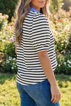 Striped Short Puff Sleeve Colour Block Polo Collar Blouse