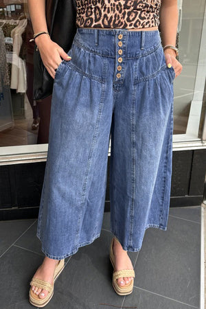Dusk Blue High Rise Buttons Pleated Cropped Wide Leg Denim Pants